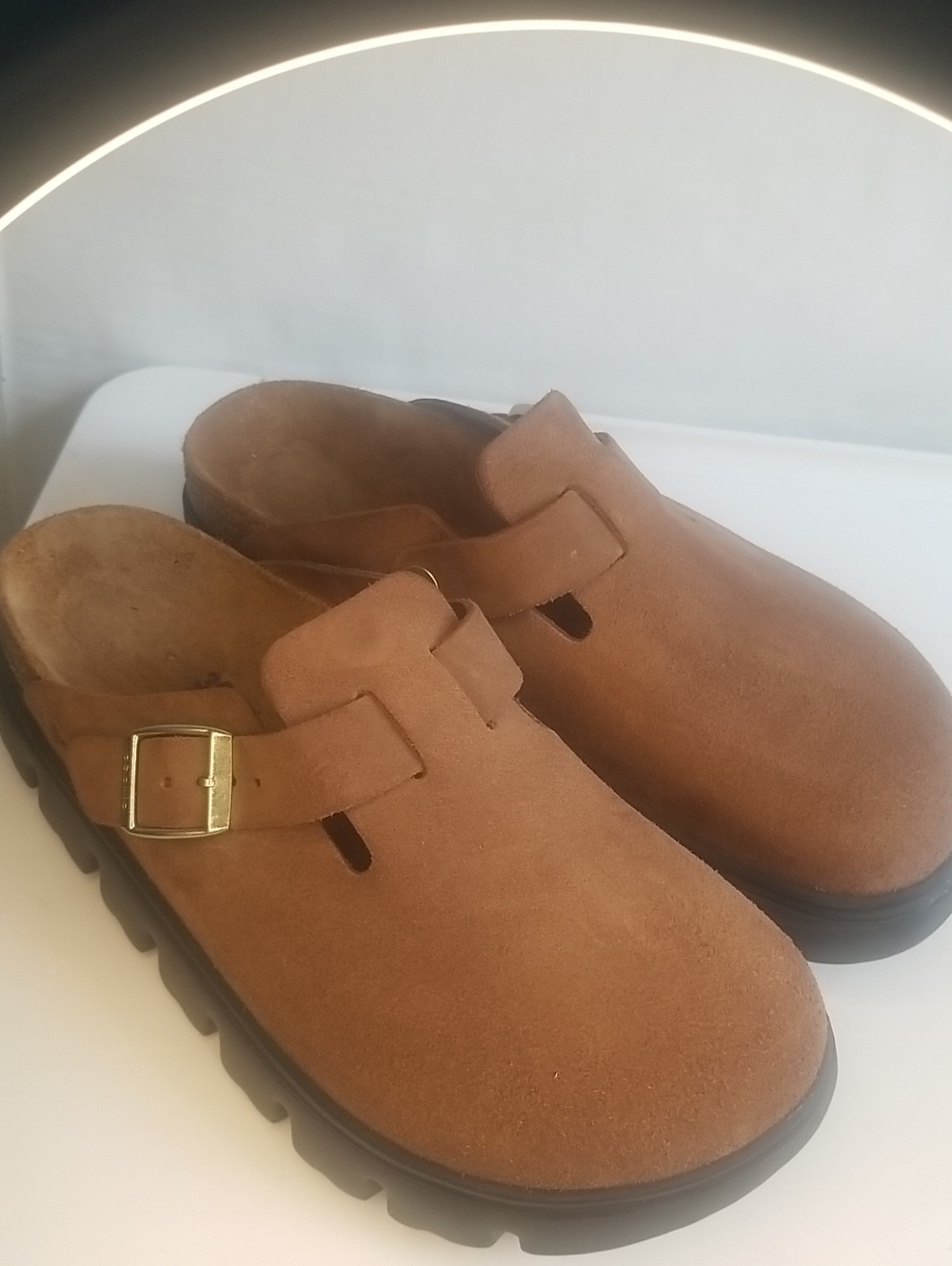 Birkenstock Papillio Women's Suede Slip-On Clogs in Brown with Gold Buckle